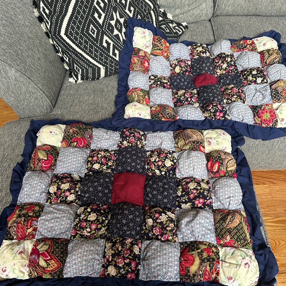 Patchwork Puff Quilt Shams- Navy with Multi Floral Accents